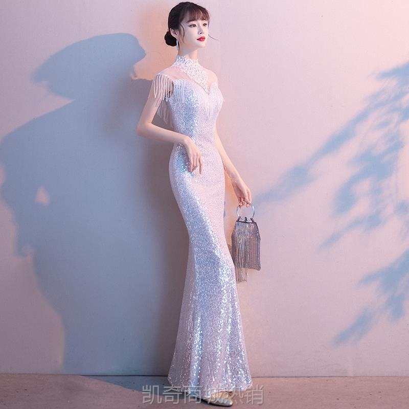 白色晚礼服裙女秋高贵宴会气质轻奢主持人长款名媛高级感鱼尾礼服