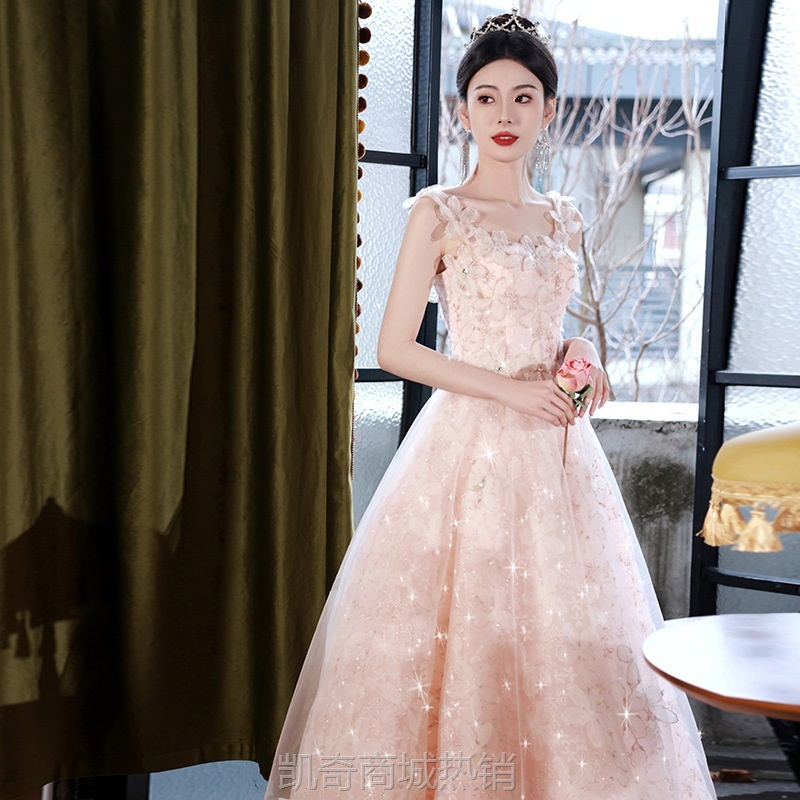 粉色森系花朵晚礼服高级感订婚结婚敬酒服主持演出毕业演出礼服裙