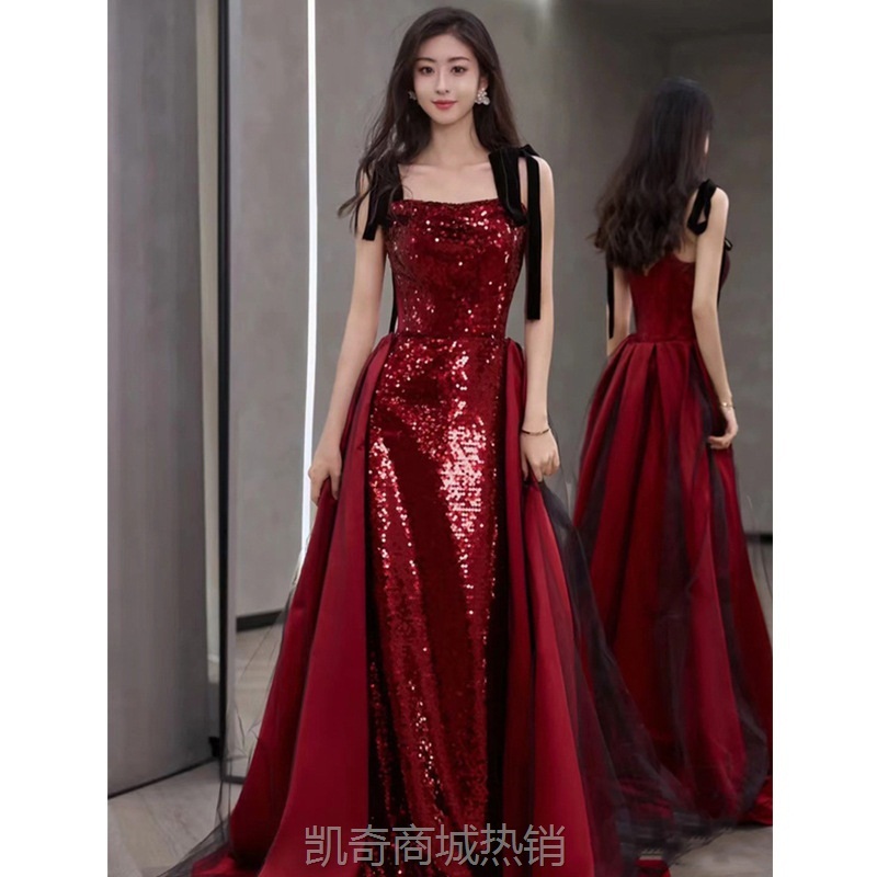 酒红色晚礼服敬酒服2024新款成人礼亮片长裙新娘订婚裙轻奢敬酒服