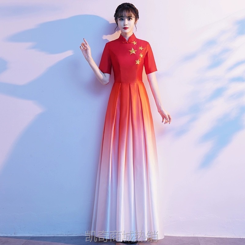 红歌合唱团演出服女长裙舞台朗诵红色表演服装大合唱指挥主持礼服