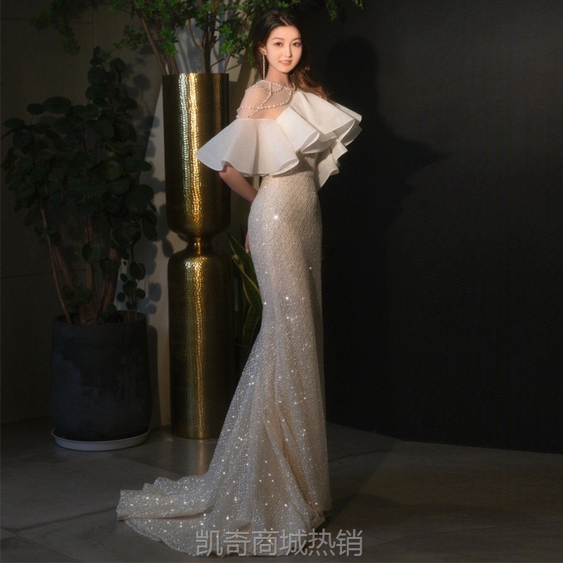 气质女王宴会晚礼服裙单肩轻奢名媛派对连衣裙鱼尾收腰新娘敬酒服