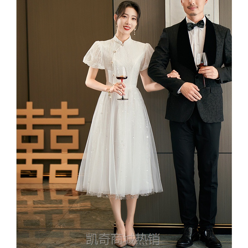 中式旗袍晚礼服女2024款高级感领证登记小白裙中式网纱订婚连衣裙