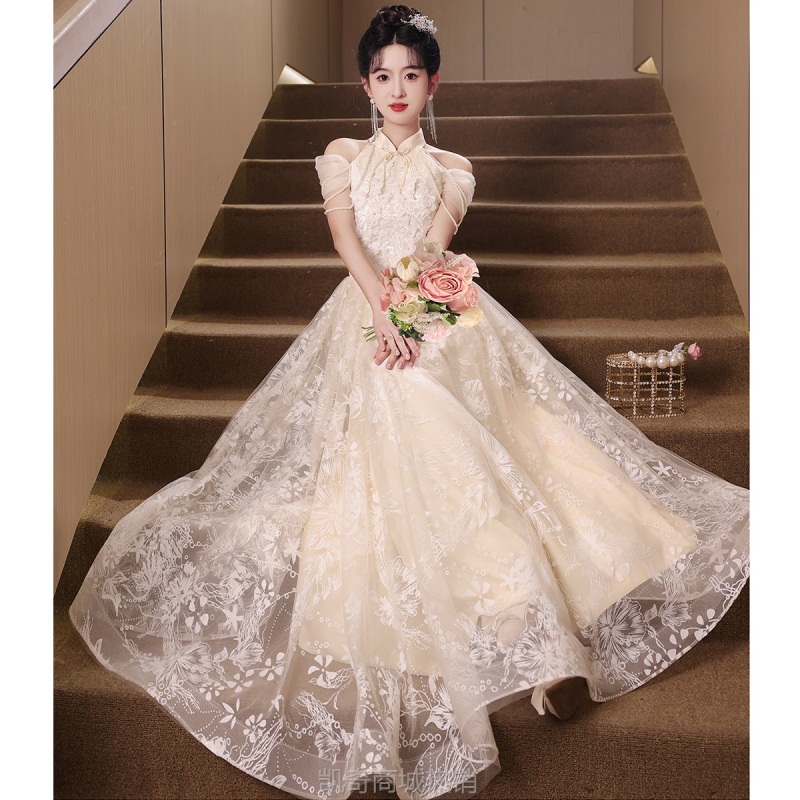 订婚礼服2024新款高级感宴会气质新中式敬酒服旗袍晚礼裙女露肩款