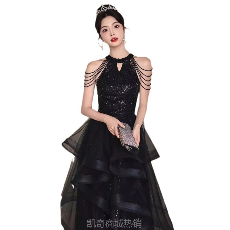 黑色宴会晚礼服2024新款亮片流苏蓬蓬裙艺考年会演出礼服厂家批发