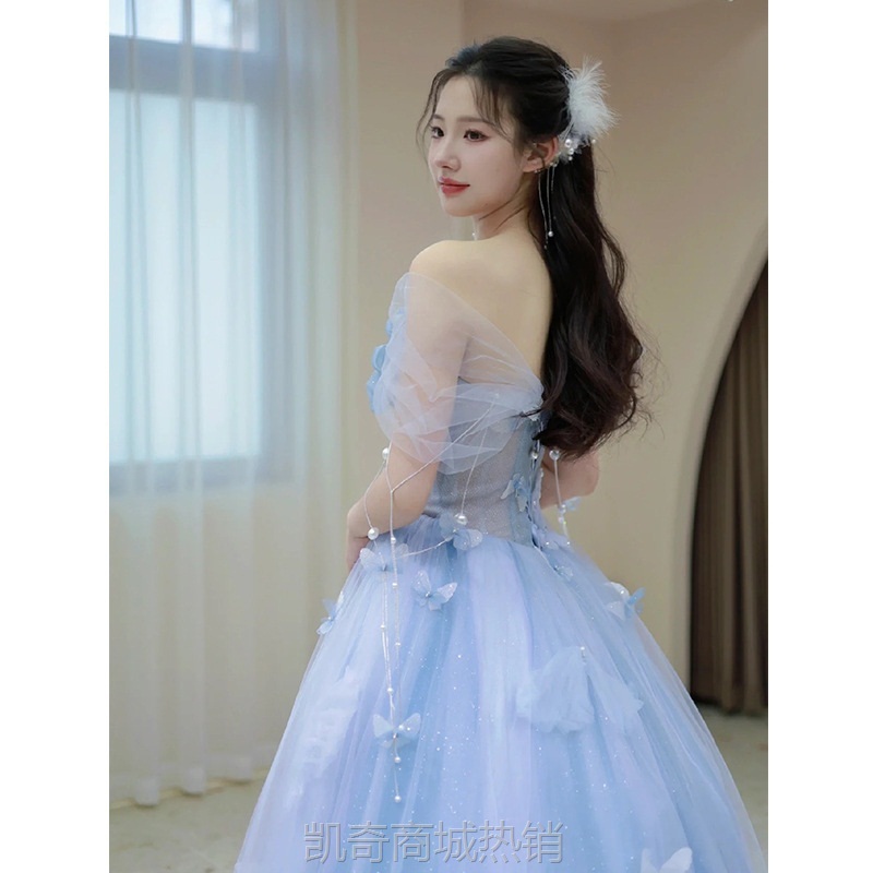 蓝色宴会晚礼服女2024新款高级感在逃公主敬酒服仙气轻奢年会礼服