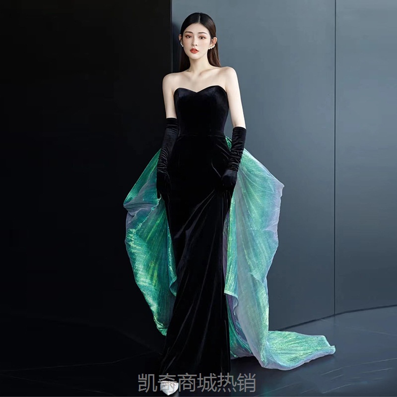 黑色晚礼服2024秋季新款宴会气质鱼尾抹胸礼服主持人优雅复古长裙