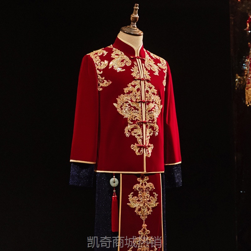 秀禾服新郎2024新款中式结婚男装龙凤褂接亲礼服男士丝绒婚服高端