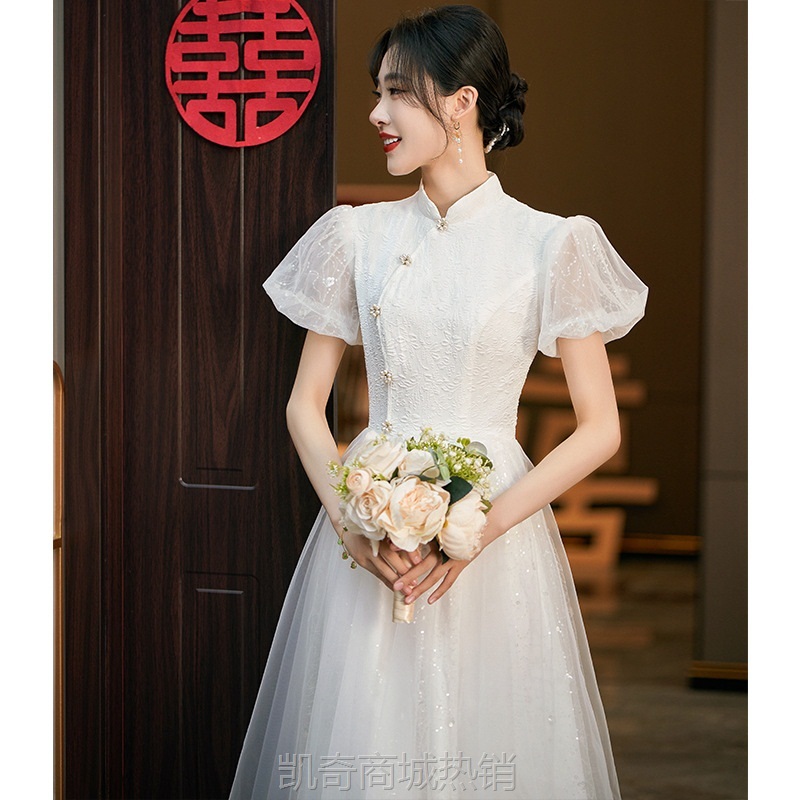 中式旗袍晚礼服女2024款高级感领证登记小白裙中式网纱订婚连衣裙