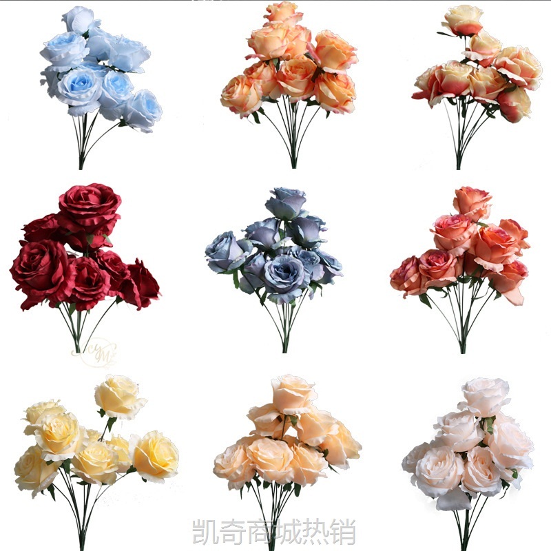 家居把束9头中玫瑰仿真花 客厅餐桌假花装饰摆件 婚庆插花绢花艺