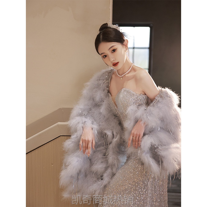 鱼尾亮片晚礼服裙女名媛带披肩高级感轻奢宴会高贵抹胸性感洋装