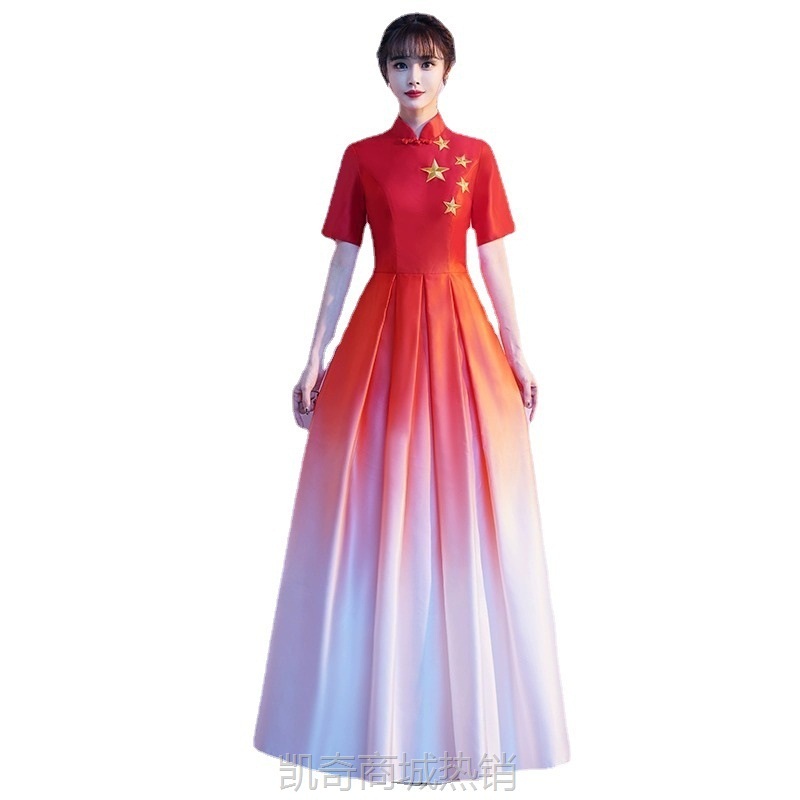 红歌合唱团演出服女长裙舞台朗诵红色表演服装大合唱指挥主持礼服