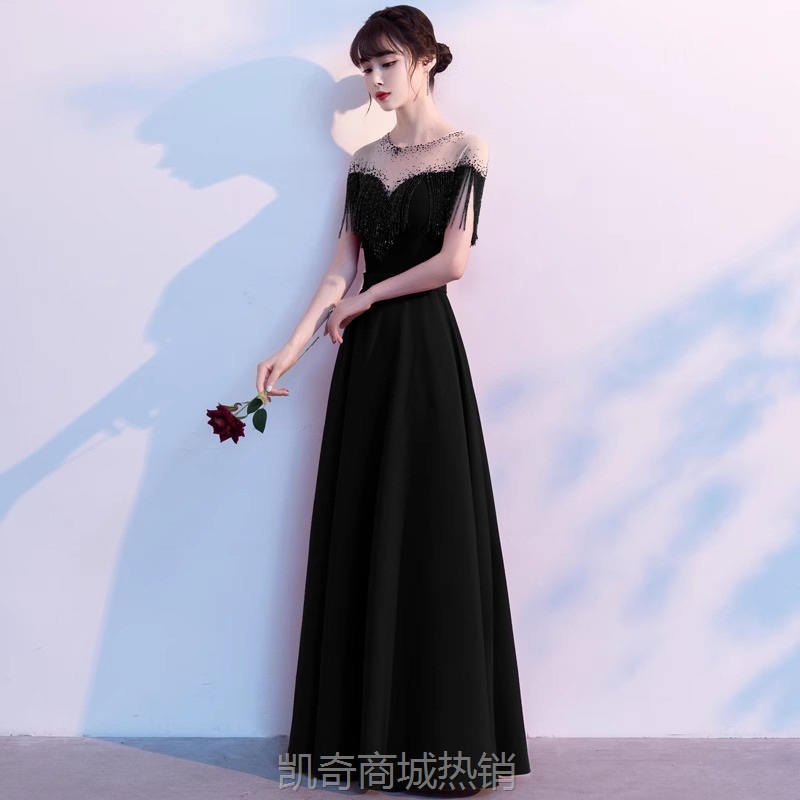黑色晚礼服裙2024新款名媛高级感宴会轻奢气质主持人年会礼服批发