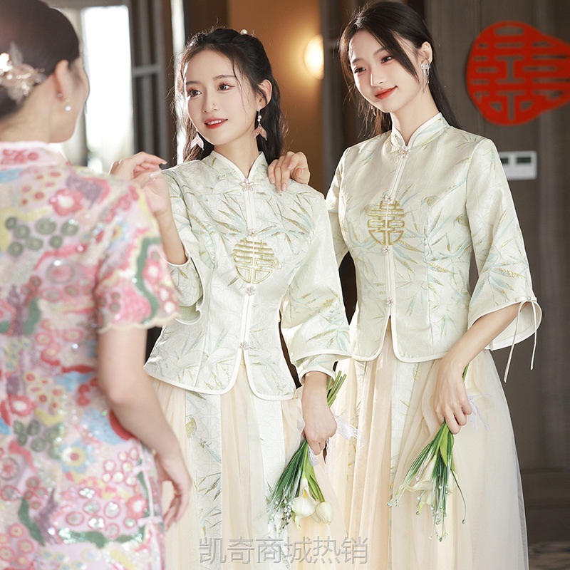 中式伴娘服2024新款冬季中国风婚礼长袖秀禾显瘦姐妹服伴娘团礼服