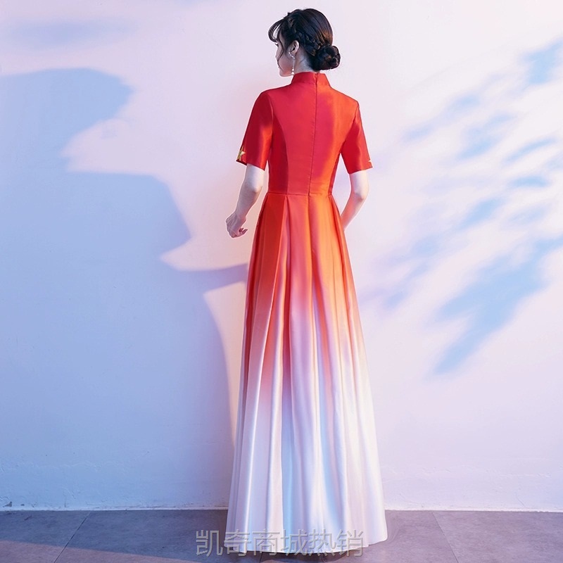 红歌合唱团演出服女长裙舞台朗诵红色表演服装大合唱指挥主持礼服