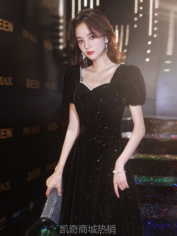 黑色晚礼服裙女宴会气质名媛纯色小众洋气法式质感晚会礼服裙长款