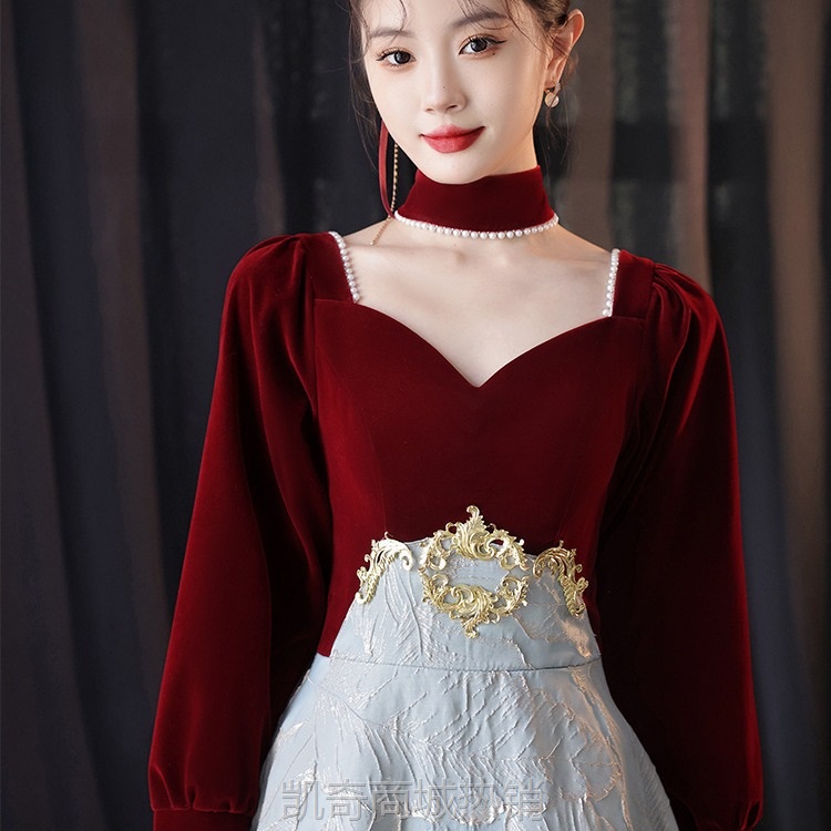 长袖敬酒服新娘订婚酒红色晚礼服2024年新款高端时尚大气艺考礼服
