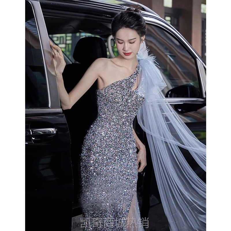 宴会晚礼服2024新款高级感气质名媛法式连衣裙鱼尾轻奢亮片礼服裙