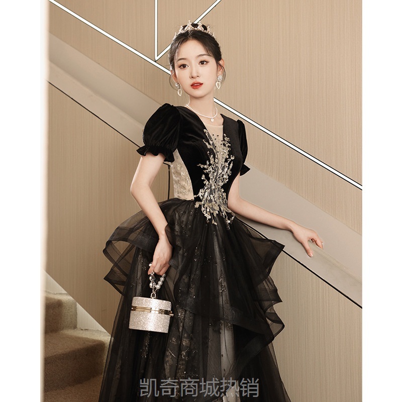黑色晚礼服女2024新款艺考主持人宴会长裙气质高端小众轻奢名媛裙