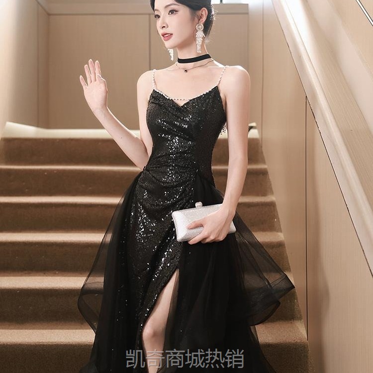 黑色宴会晚礼服2024秋季新款亮片高级感艺考演出服吊带派对小礼服