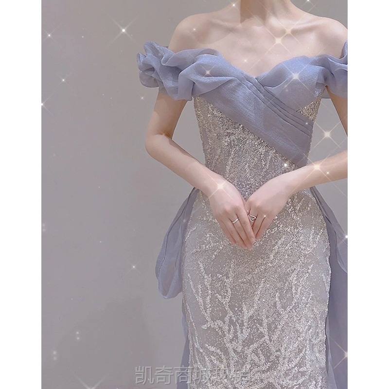 鱼尾晚礼服2024秋季一字肩亮片仙气质新娘敬酒服派对主持人礼服裙