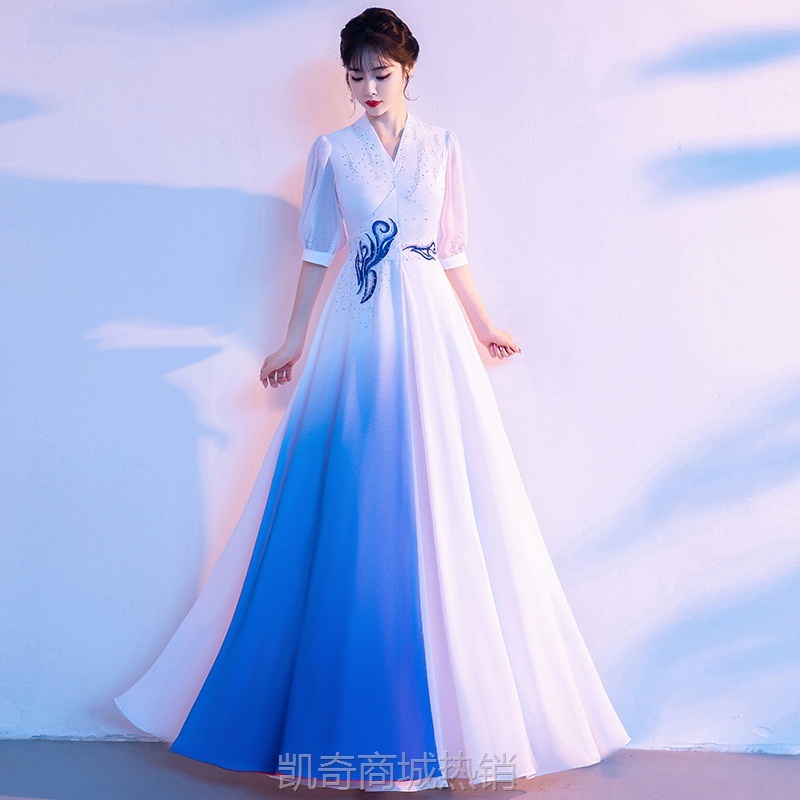 中国风大合唱团演出服女长裙新款变色下裙唱红歌合唱服比赛礼服女