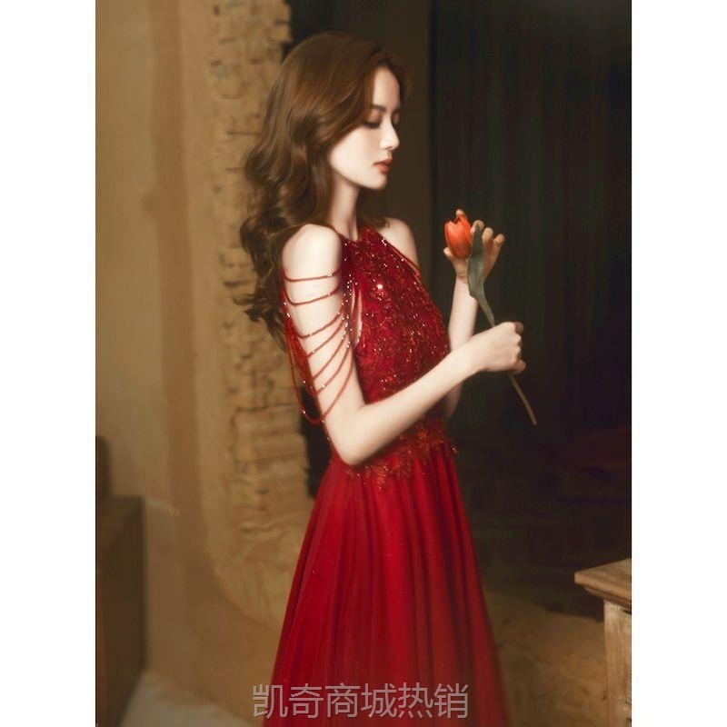 新娘敬酒服2024秋季新款酒红色亮片流苏答谢宴回门礼服裙厂家货源