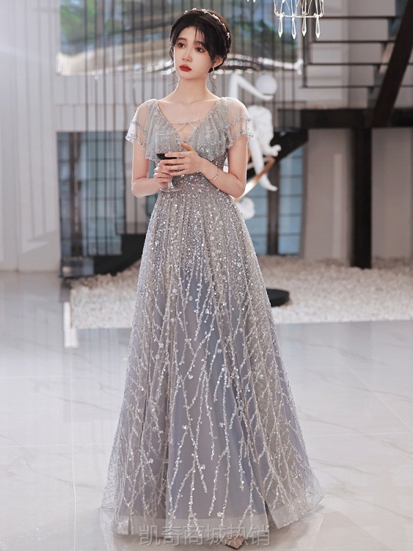 宴会晚礼服2024春秋灰色轻奢年会生日伴娘服主持人艺考姐妹礼服裙