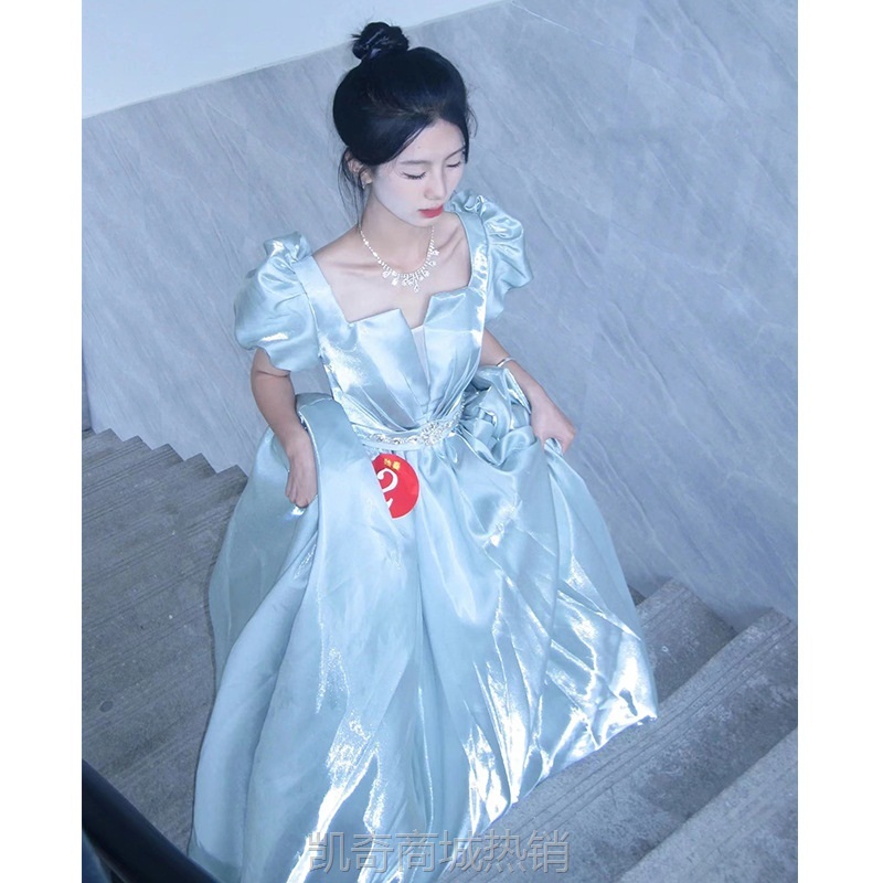 蓝色晚礼服声乐艺考美声独唱演出在逃公主风成人礼主持人演出礼服