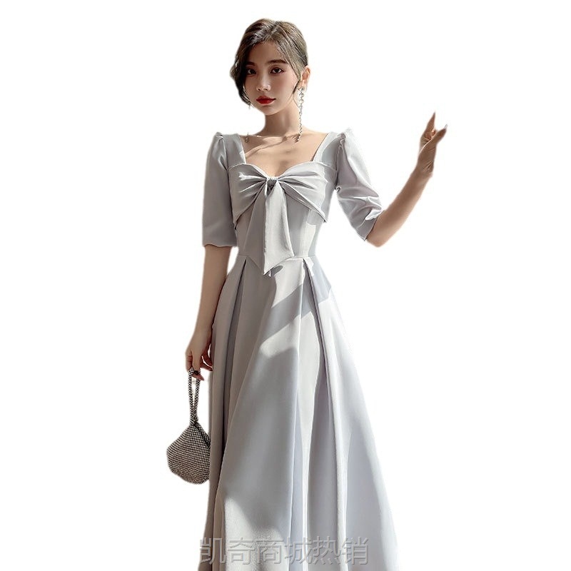 灰色伴娘服女2024新款轻奢小众高级姐妹团礼服裙长款显瘦平时可穿