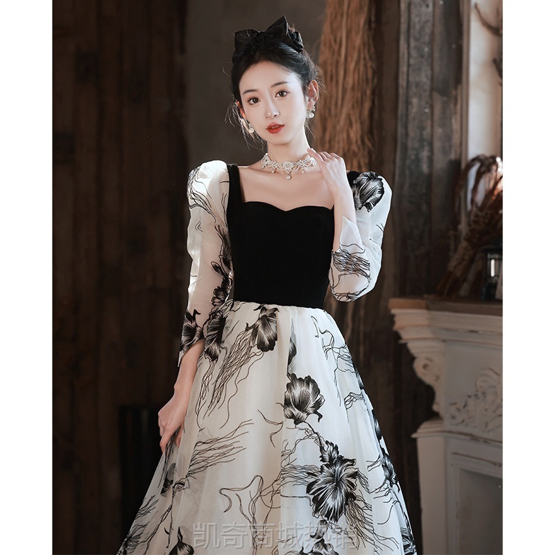 宴会晚礼服2024秋新款法式名媛优雅水墨画蓬蓬纱裙艺考演出小礼服