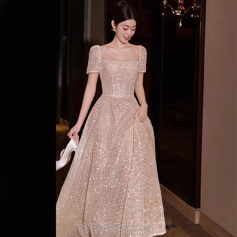 宴会晚礼服2024新款新娘气质超仙细闪出门纱修身显瘦小拖尾礼服裙