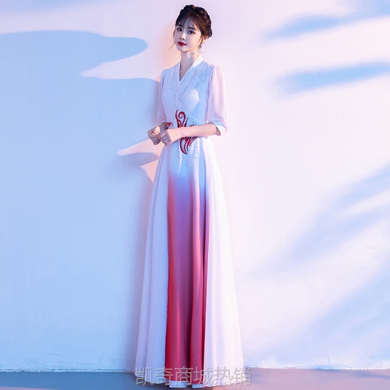 中国风大合唱团演出服女长裙新款变色下裙唱红歌合唱服比赛礼服女