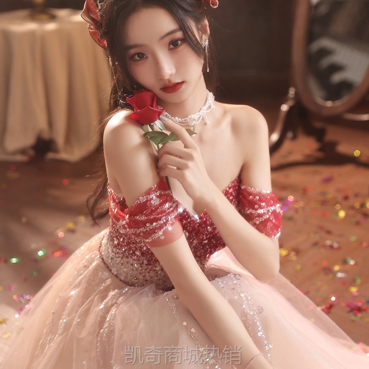 敬酒服新娘一字肩礼服气质轻奢小众订婚连衣裙宴会主持成人晚礼服