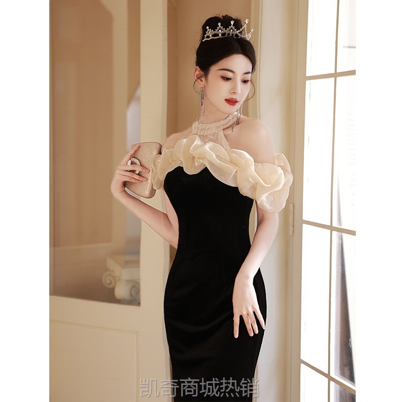 宴会气质晚礼服裙女名媛黑色鱼尾裙法式高端轻奢一字肩主持人礼服