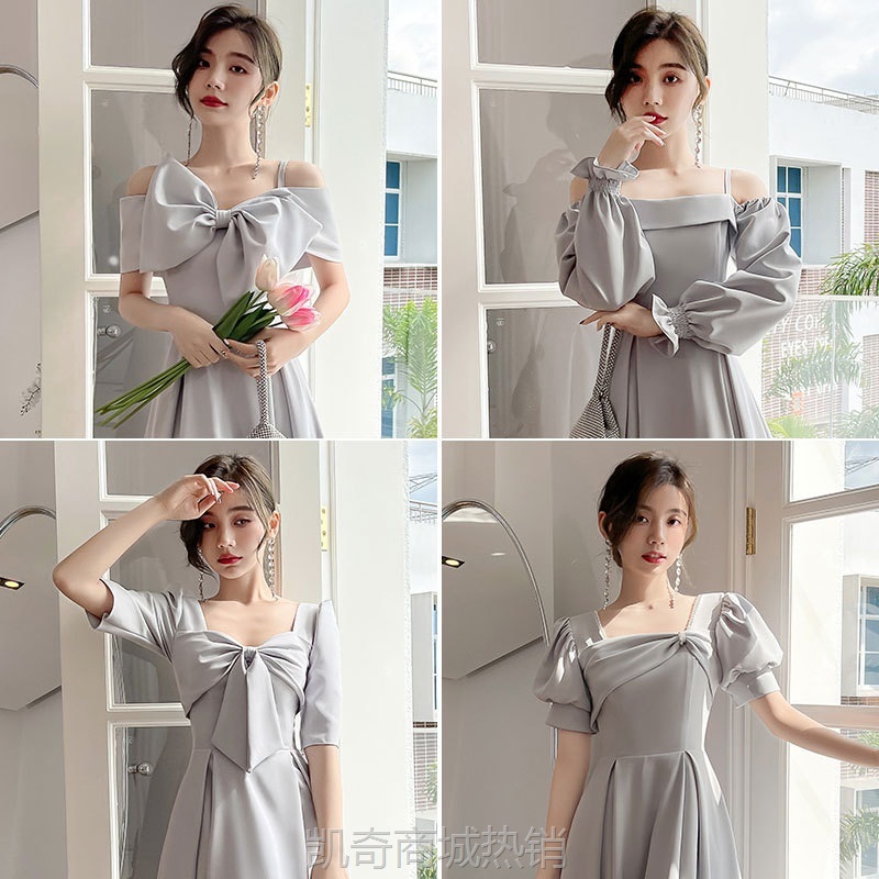 灰色伴娘服女2024新款轻奢小众高级姐妹团礼服裙长款显瘦平时可穿