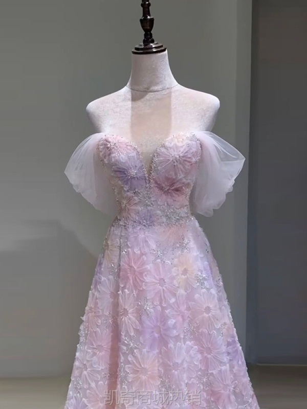 宴会晚礼服2024新款一字肩甜美系生日宴长裙新娘结婚订婚宴回门服