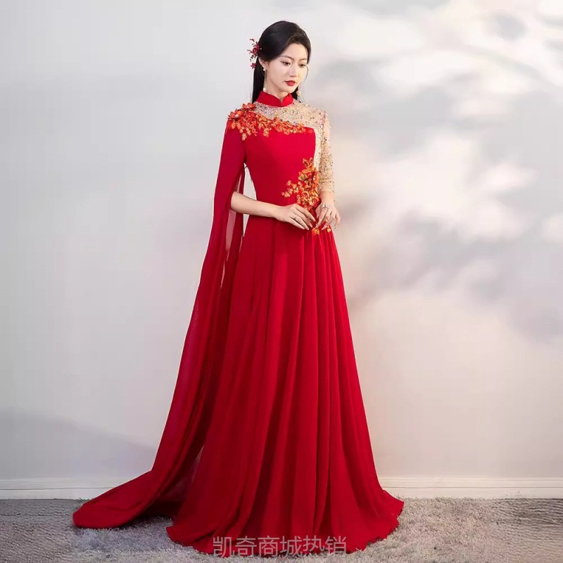 大合唱团演出服红色成人女弹古筝民乐演奏礼服主持人表演比赛独唱