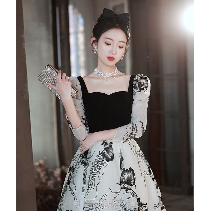 宴会晚礼服2024秋新款法式名媛优雅水墨画蓬蓬纱裙艺考演出小礼服