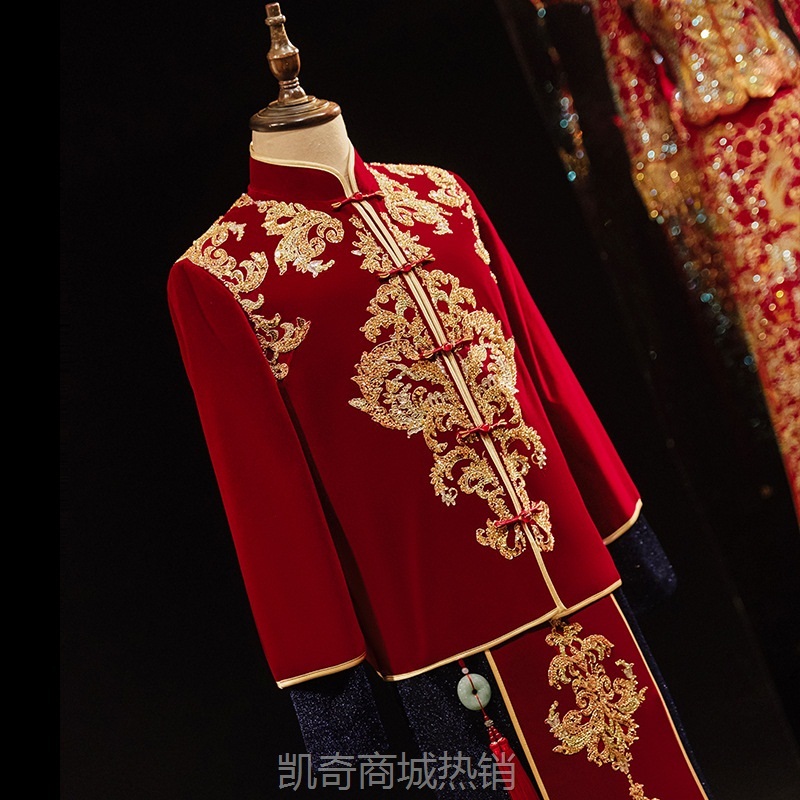 秀禾服新郎2024新款中式结婚男装龙凤褂接亲礼服男士丝绒婚服高端