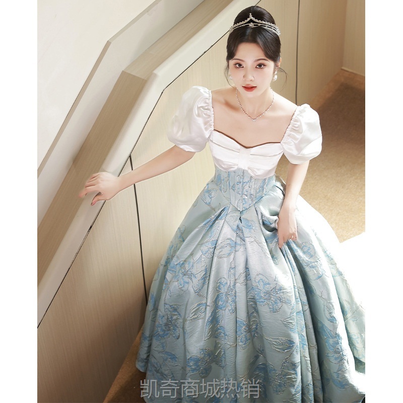 一字肩蓝色晚礼服裙女气质长款艺考轻奢小众法式主持人年会晚礼服