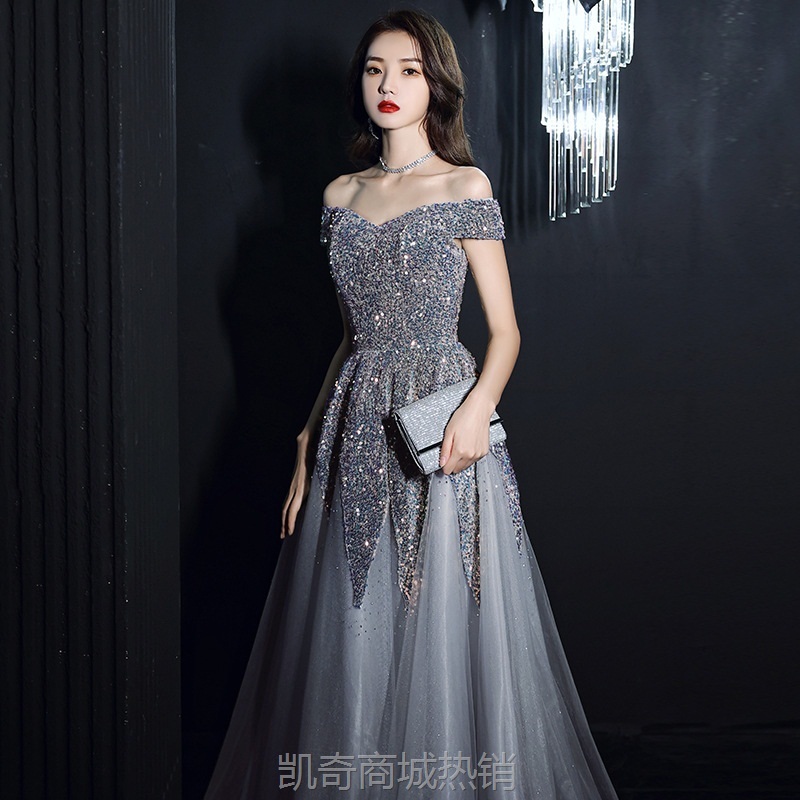 重工晚礼服女2024新款宴会气质名媛亮片一字肩长款连衣裙年会礼服