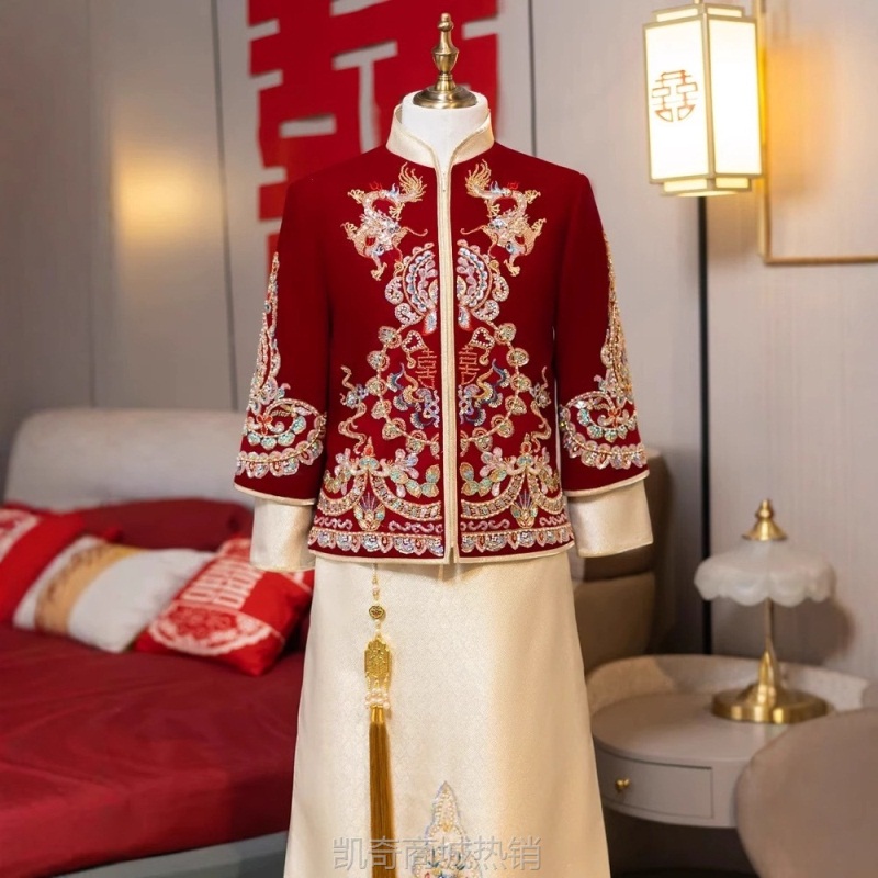红色缎面小双龙男装秀禾服新款中式新郎结婚礼服唐装汉服龙凤褂