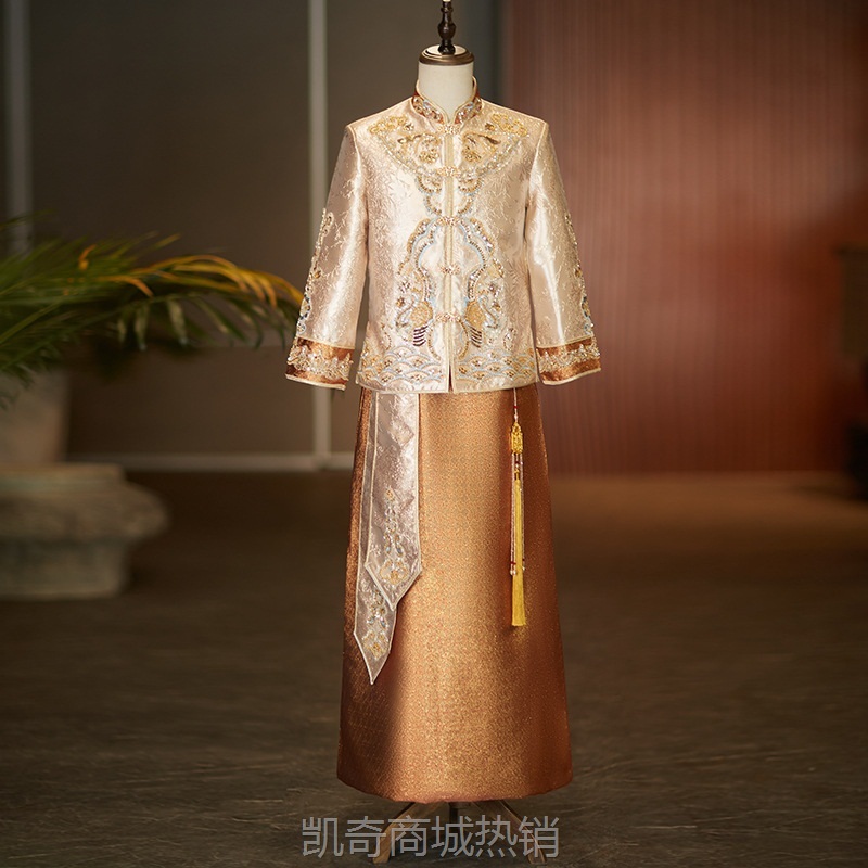 新款香槟撞色男士秀禾服新中式新郎接亲敬酒礼服结婚男士礼服
