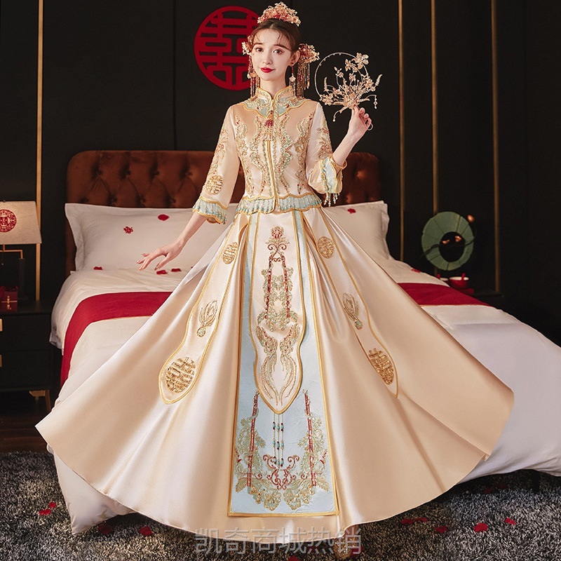 秀禾服2024年新款结婚中式嫁衣新娘夏季修身香槟色秀禾龙凤褂嫁衣