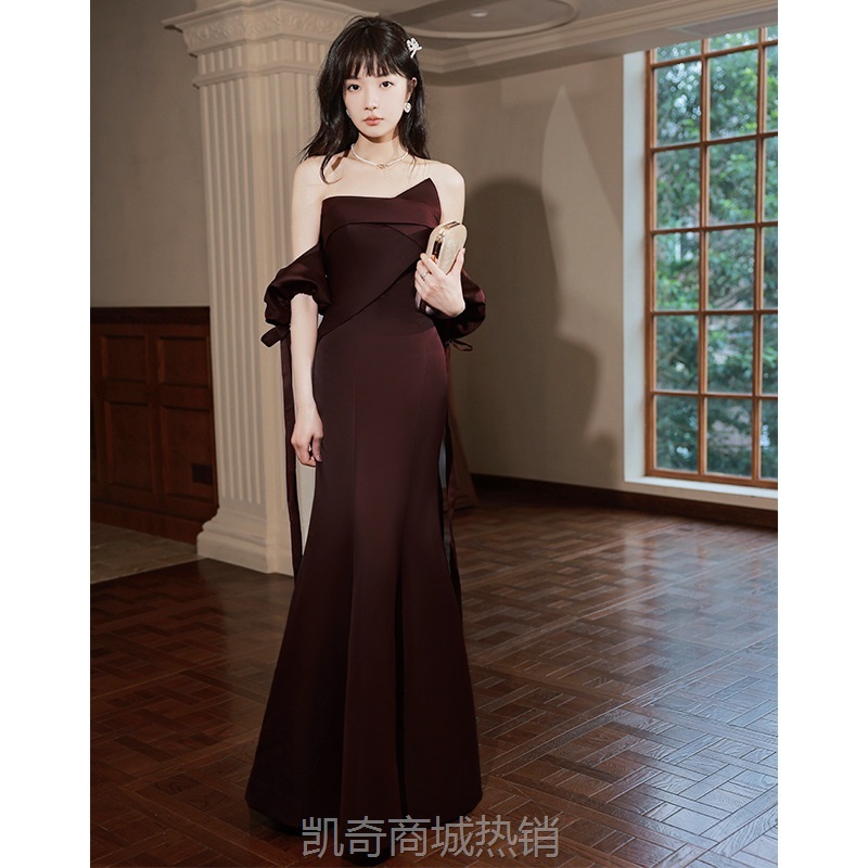 敬酒服新娘大气酒红色订婚鱼尾裙出阁宴一字肩结婚晚礼服女