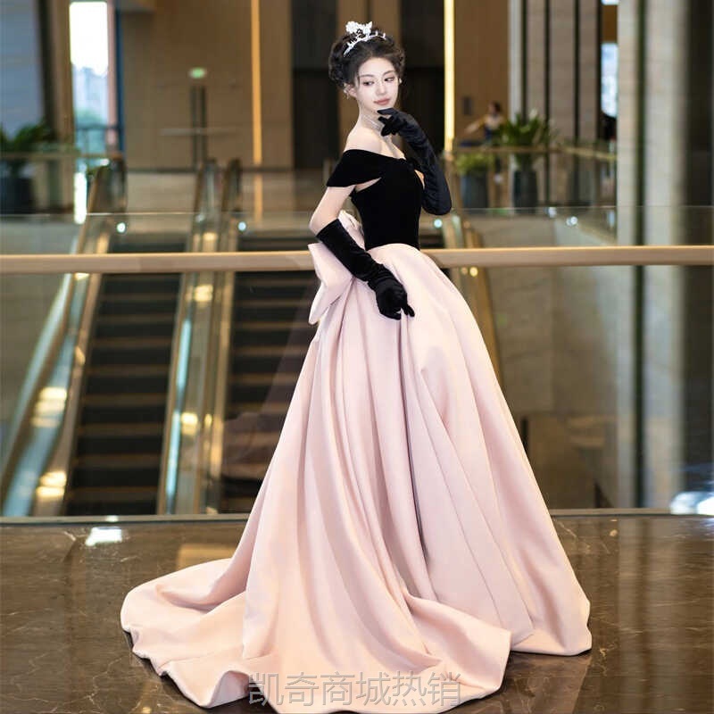 粉色宴会晚礼服女2024新款轻奢主持生日派对毕业成人礼订婚敬酒服