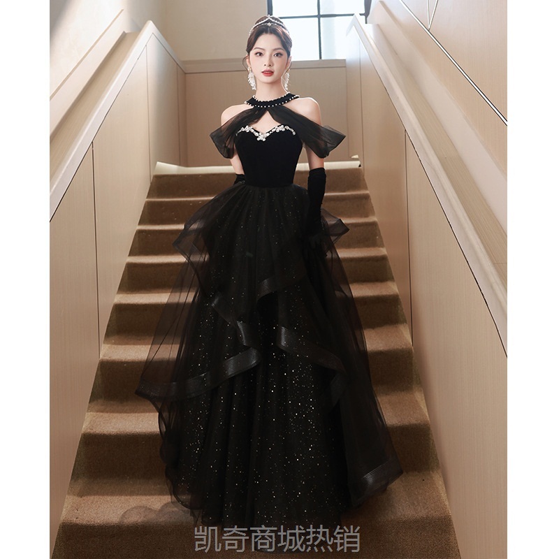 黑色晚礼服2024新款法式宴会轻奢小众晚宴主持人艺考礼服蓬蓬裙女