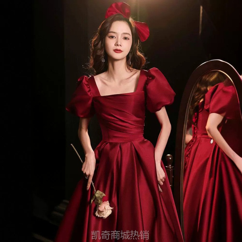 新娘敬酒服2024新款结婚订婚酒红色蝴蝶结礼服复古公主小个子