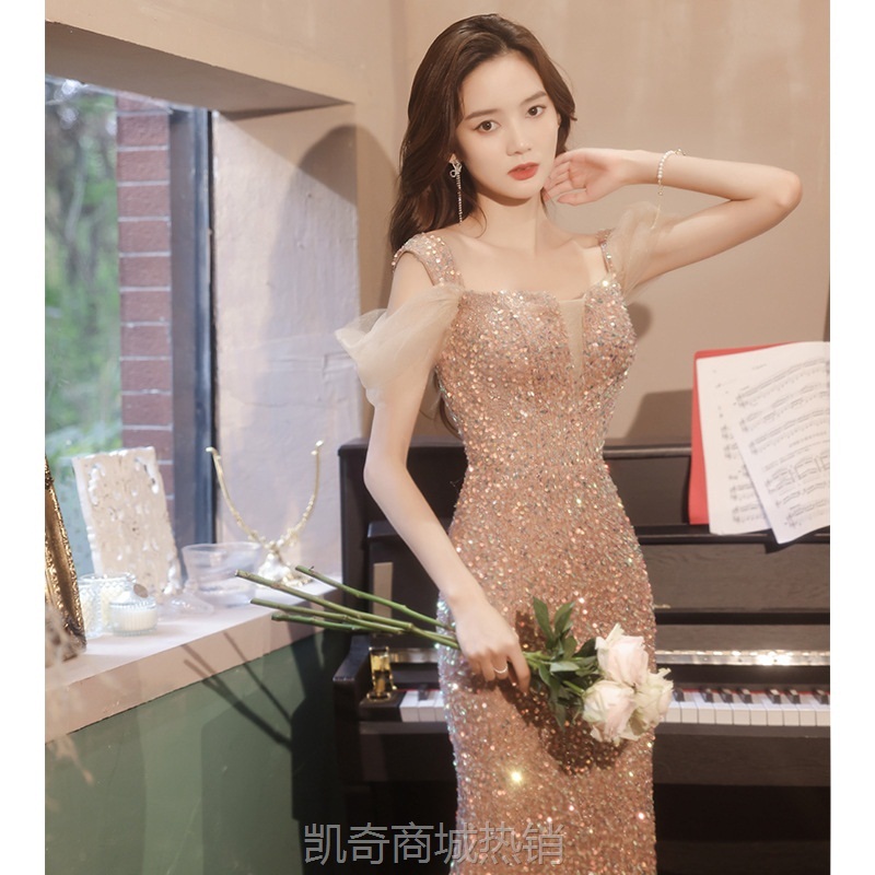 宴会晚礼服鱼尾裙2024新款秋冬轻奢小众亮片年会主持人演出礼服裙