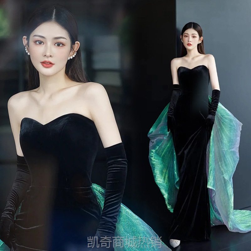 黑色丝绒抹胸蝴蝶结晚礼服宴会走秀舞台演出礼服2024新款秋冬主持